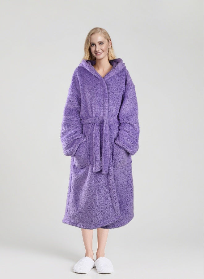 Noon East Long Hooded Bathrobe - 240 Gsm 100% Polyester Soft Fuzzy Plush For Women - Cute Hood & Pocket - Lavender Color, S Size - Image 1