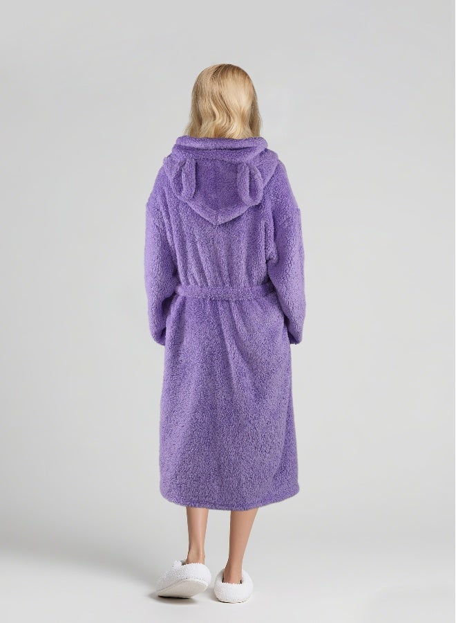 Noon East Long Hooded Bathrobe - 240 Gsm 100% Polyester Soft Fuzzy Plush For Women - Cute Hood & Pocket - Lavender Color, S Size - Image 3
