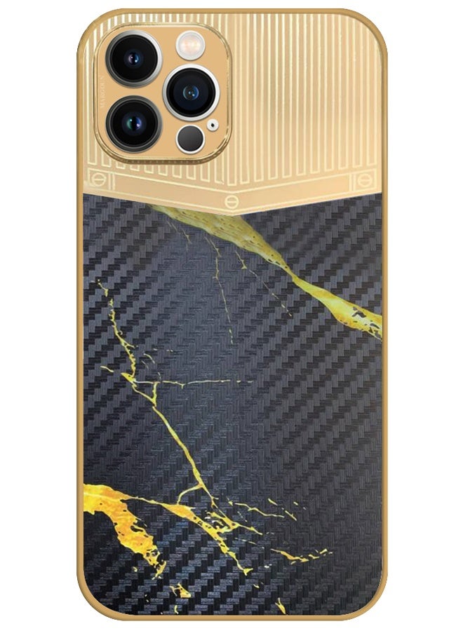 CATANES Luxury Gold Plated Case for iPhone 12 Pro Max - Hybrid Electroplated Frame Back Cover with Carbon Fiber Texture - Marble Pattern Black - Image 1