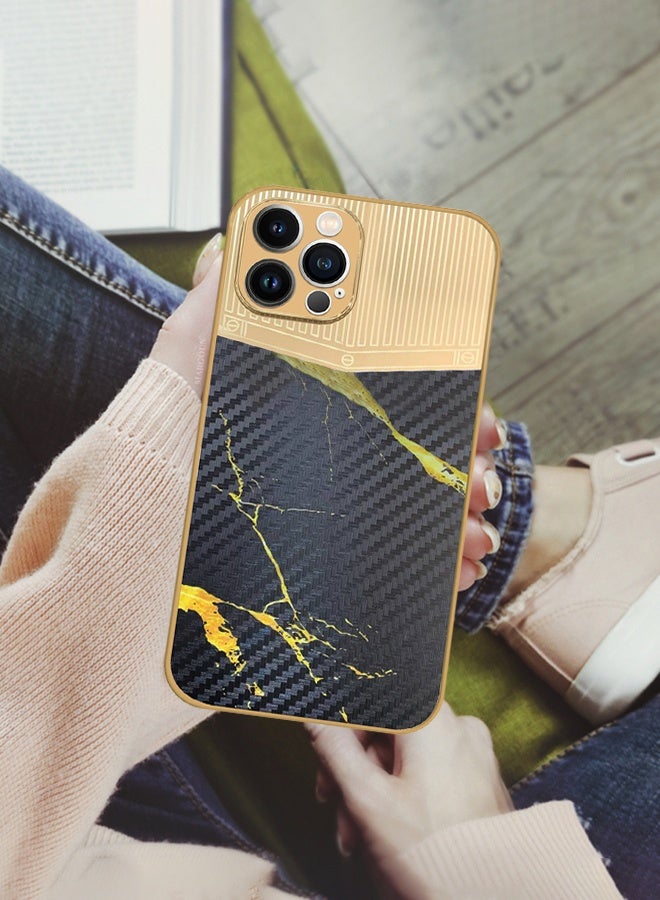 CATANES Luxury Gold Plated Case for iPhone 12 Pro Max - Hybrid Electroplated Frame Back Cover with Carbon Fiber Texture - Marble Pattern Black - Image 5
