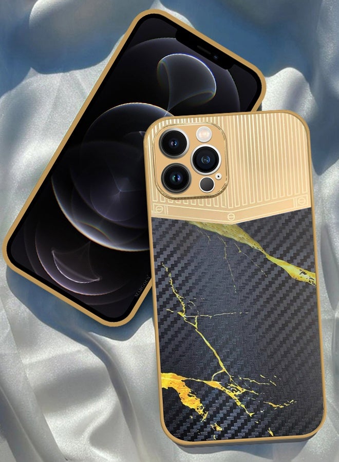 CATANES Luxury Gold Plated Case for iPhone 12 Pro Max - Hybrid Electroplated Frame Back Cover with Carbon Fiber Texture - Marble Pattern Black - Image 2