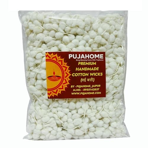 Pujahome بويا هوم - فتائل قطنية مستديرة يدوية الصنع | 1100 قطعة – فُل باتي للبويا، آرتي، نافراتري، والصلوات الروحية | مثالية للديكور المنزلي، التأمل، والمناسبات الدينية - باتي قطنية بيضاء - Image 1