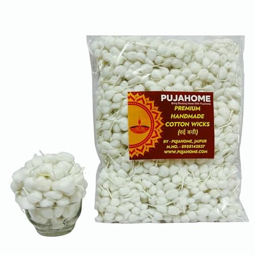 Pujahome بويا هوم - فتائل قطنية مستديرة يدوية الصنع | 1100 قطعة – فُل باتي للبويا، آرتي، نافراتري، والصلوات الروحية | مثالية للديكور المنزلي، التأمل، والمناسبات الدينية - باتي قطنية بيضاء - Image 2