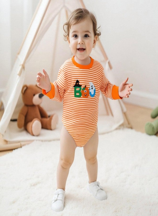 Honganda Newborn Infant Baby Girl Boy Halloween Outfit Long Sleeve Striped Ghost Pumpkin Romper Sweatshirt Fall Clothes 0-18M (Orange Boo, 12-18 Months) - Image 2