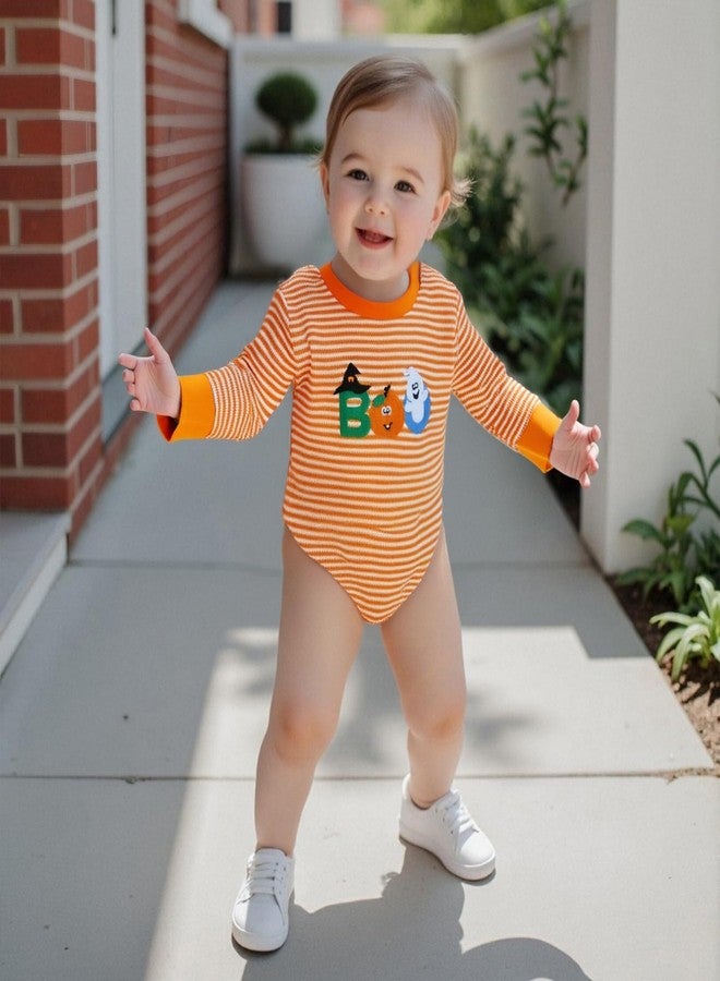 Honganda Newborn Infant Baby Girl Boy Halloween Outfit Long Sleeve Striped Ghost Pumpkin Romper Sweatshirt Fall Clothes 0-18M (Orange Boo, 12-18 Months) - Image 5