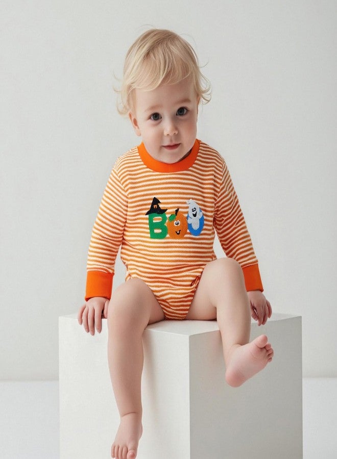 Honganda Newborn Infant Baby Girl Boy Halloween Outfit Long Sleeve Striped Ghost Pumpkin Romper Sweatshirt Fall Clothes 0-18M (Orange Boo, 12-18 Months) - Image 4