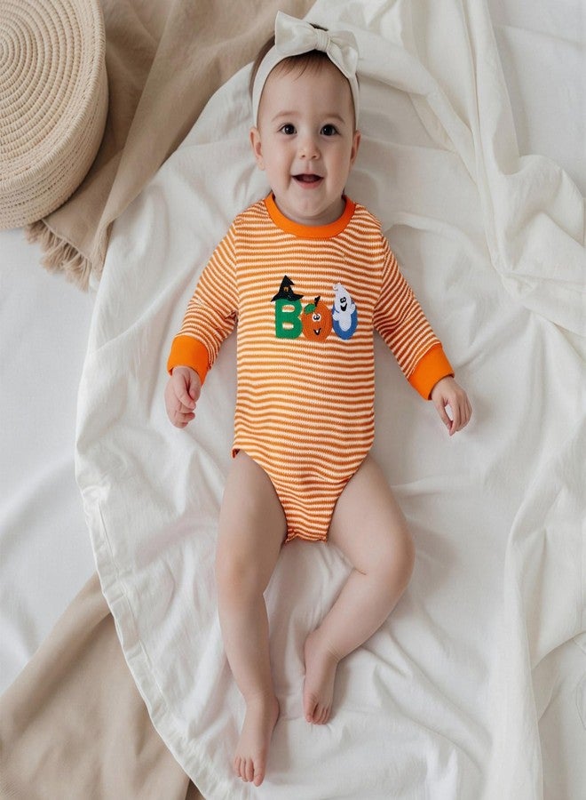 Honganda Newborn Infant Baby Girl Boy Halloween Outfit Long Sleeve Striped Ghost Pumpkin Romper Sweatshirt Fall Clothes 0-18M (Orange Boo, 12-18 Months) - Image 3