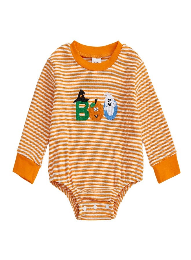 Honganda Newborn Infant Baby Girl Boy Halloween Outfit Long Sleeve Striped Ghost Pumpkin Romper Sweatshirt Fall Clothes 0-18M (Orange Boo, 12-18 Months) - Image 1