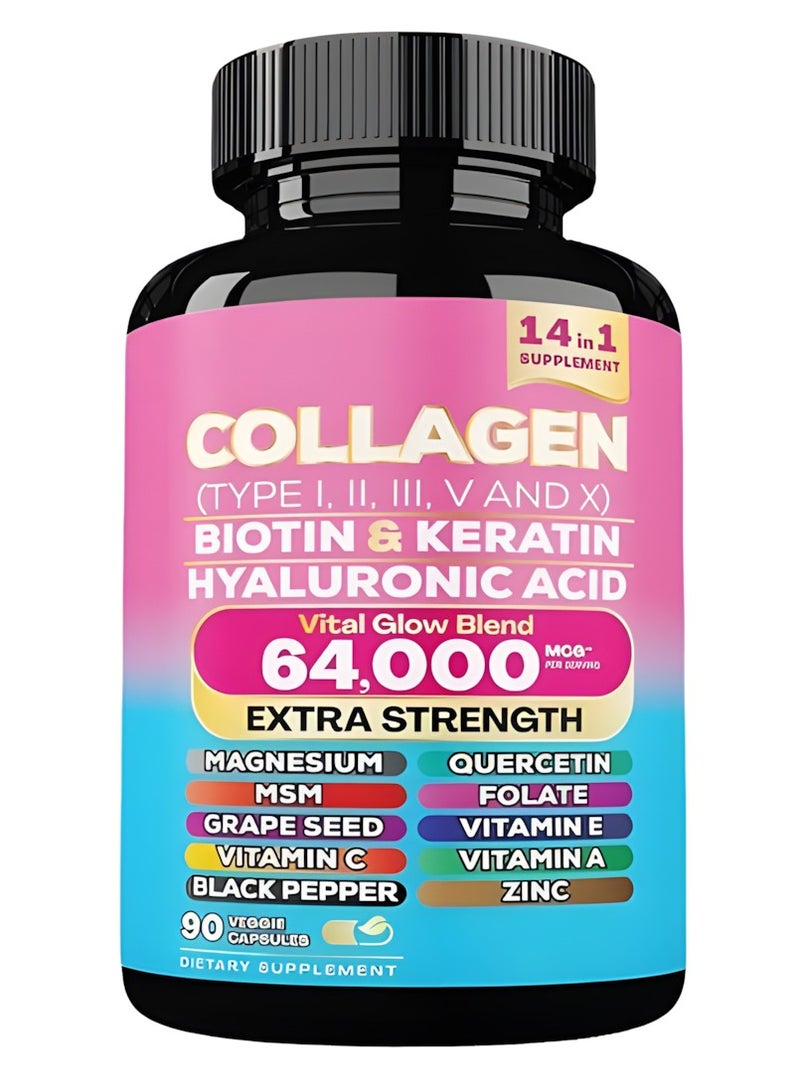 Collagen Collagen Pills Peptides Types I, II, III, V & X MCG Biotin Keratin Hyaluronic Acid MSM Vitamin A Vitamin C Vitamin E Folic Acid Zinc Magnesium with Grape Seed Extract, Quercetin 90 Caps - Image 1