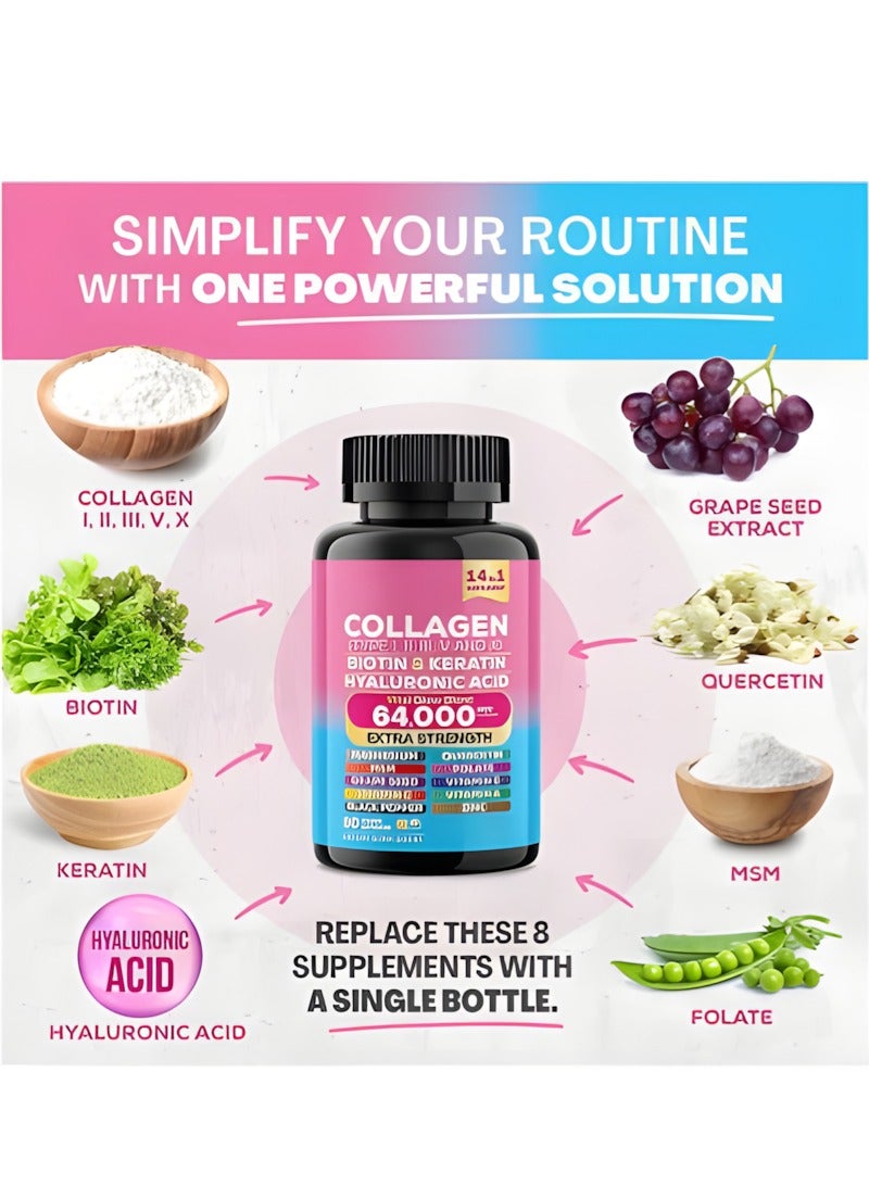 Collagen Collagen Pills Peptides Types I, II, III, V & X MCG Biotin Keratin Hyaluronic Acid MSM Vitamin A Vitamin C Vitamin E Folic Acid Zinc Magnesium with Grape Seed Extract, Quercetin 90 Caps - Image 2