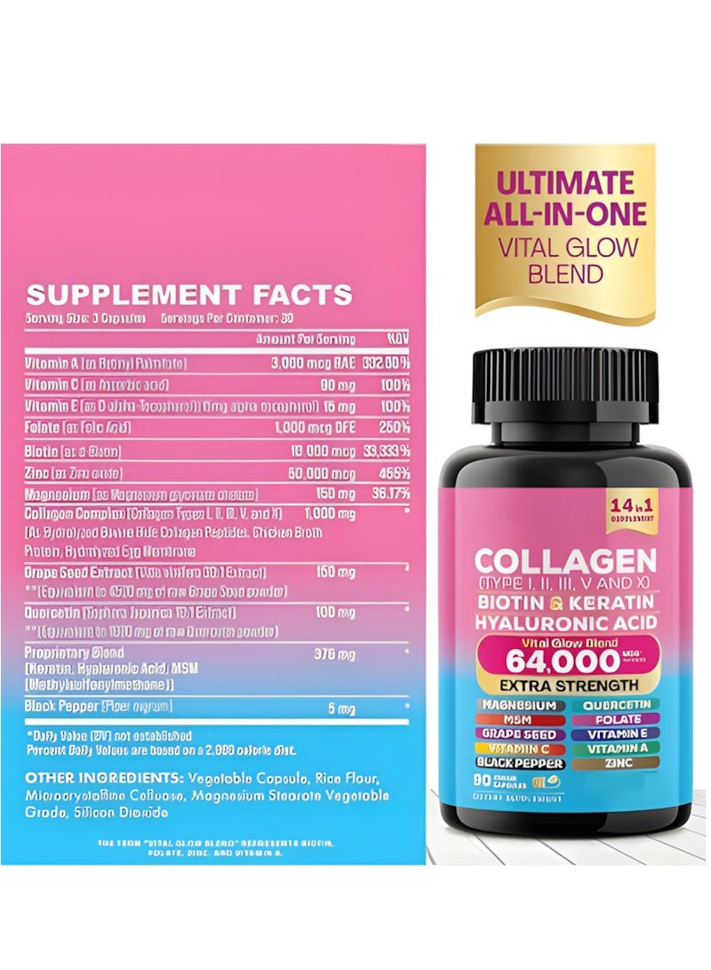 Collagen Collagen Pills Peptides Types I, II, III, V & X MCG Biotin Keratin Hyaluronic Acid MSM Vitamin A Vitamin C Vitamin E Folic Acid Zinc Magnesium with Grape Seed Extract, Quercetin 90 Caps - Image 4