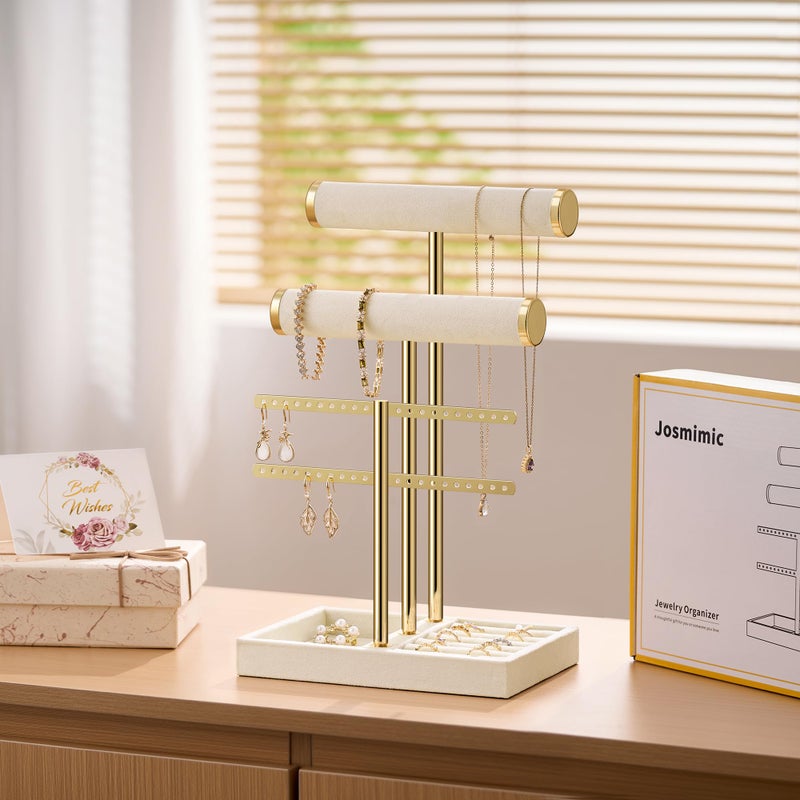 Josmimic Bracelet Holder Jewelry Organizer Display - 3 Tier T Bar Velvet Stand, Beige Jewelry Storage for Bracelet, Necklaces, Earrings, Rings, Watches - Image 5