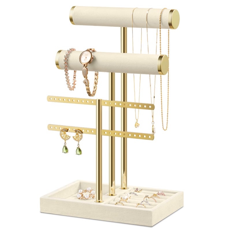Josmimic Bracelet Holder Jewelry Organizer Display - 3 Tier T Bar Velvet Stand, Beige Jewelry Storage for Bracelet, Necklaces, Earrings, Rings, Watches - Image 1