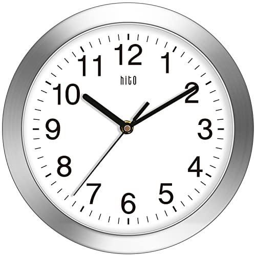 HITO 10 Inch Silent Wall Clock Battery Operated Non Ticking Glass Cover Silver Aluminum Frame, for Kitchen, Bedroom, Home Office, Living Room Decor - Image 1