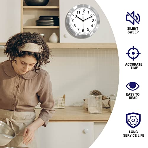 HITO 10 Inch Silent Wall Clock Battery Operated Non Ticking Glass Cover Silver Aluminum Frame, for Kitchen, Bedroom, Home Office, Living Room Decor - Image 3