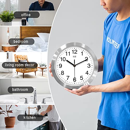 HITO 10 Inch Silent Wall Clock Battery Operated Non Ticking Glass Cover Silver Aluminum Frame, for Kitchen, Bedroom, Home Office, Living Room Decor - Image 5