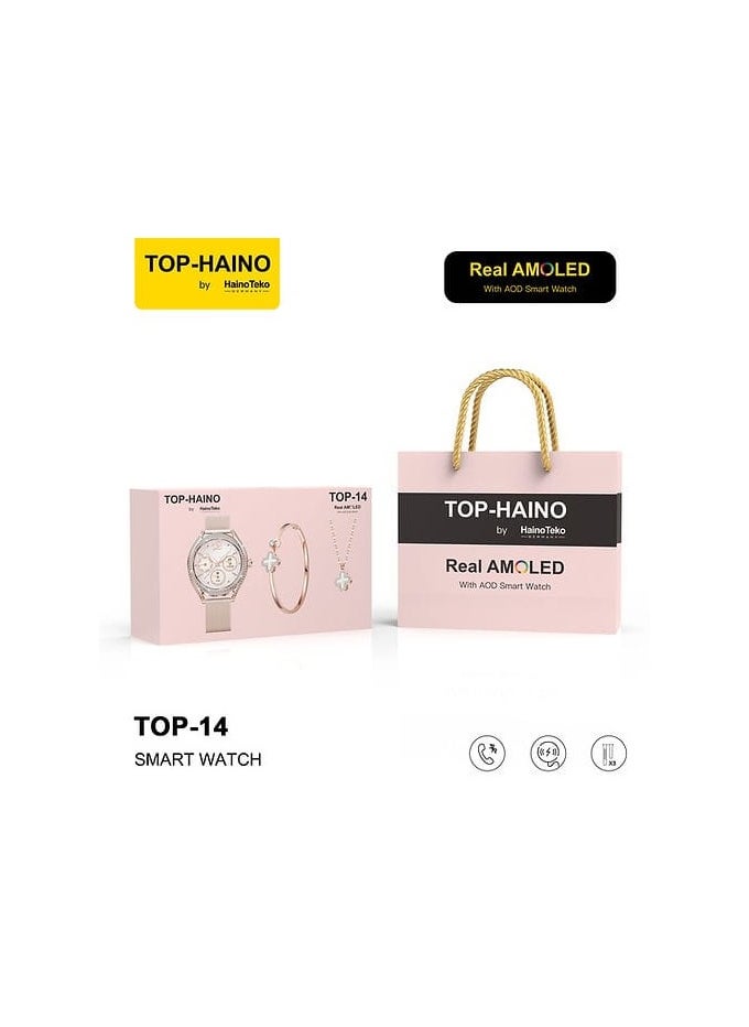 هينو تيكو - ساعة Haino Teko TOP14  اللون: وردي الشاشة: Amoled - نظام التشغيل: Android، iOS الاتصال: بلوتوث 4.2 عمر البطارية: 5 أيام استعداد - Image 1