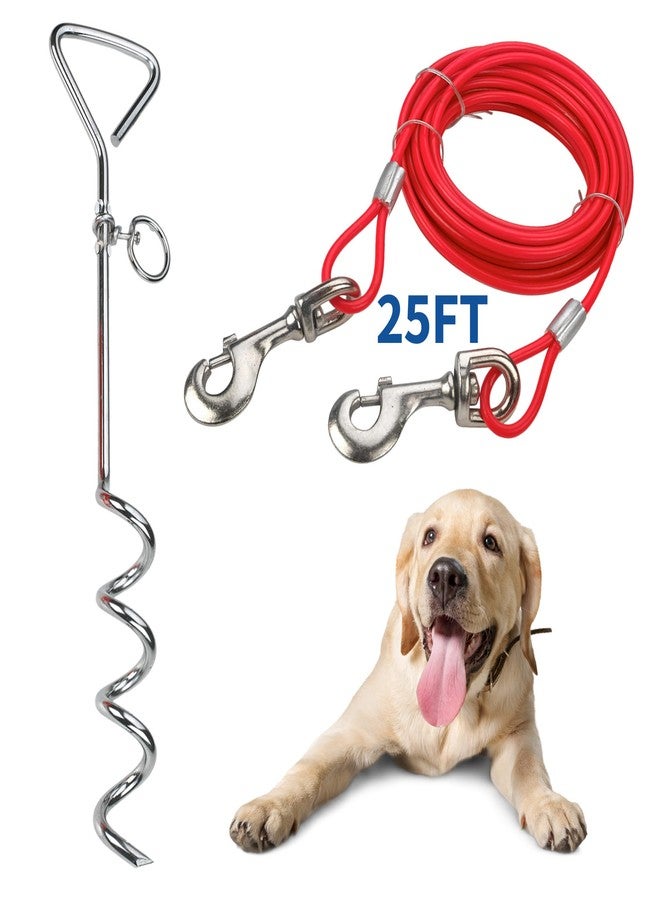 MeasuPro Chrome Dog Tie-Out Stake & 25 Foot Cable, Stainless Steel Heavy-Duty Outdoor Yard Camping Corkscrew Anchor stake Design with Tangle-Free 360 Swivel Hook for Dogs Play Boundary for Puppies & Adult Dogs - Image 1