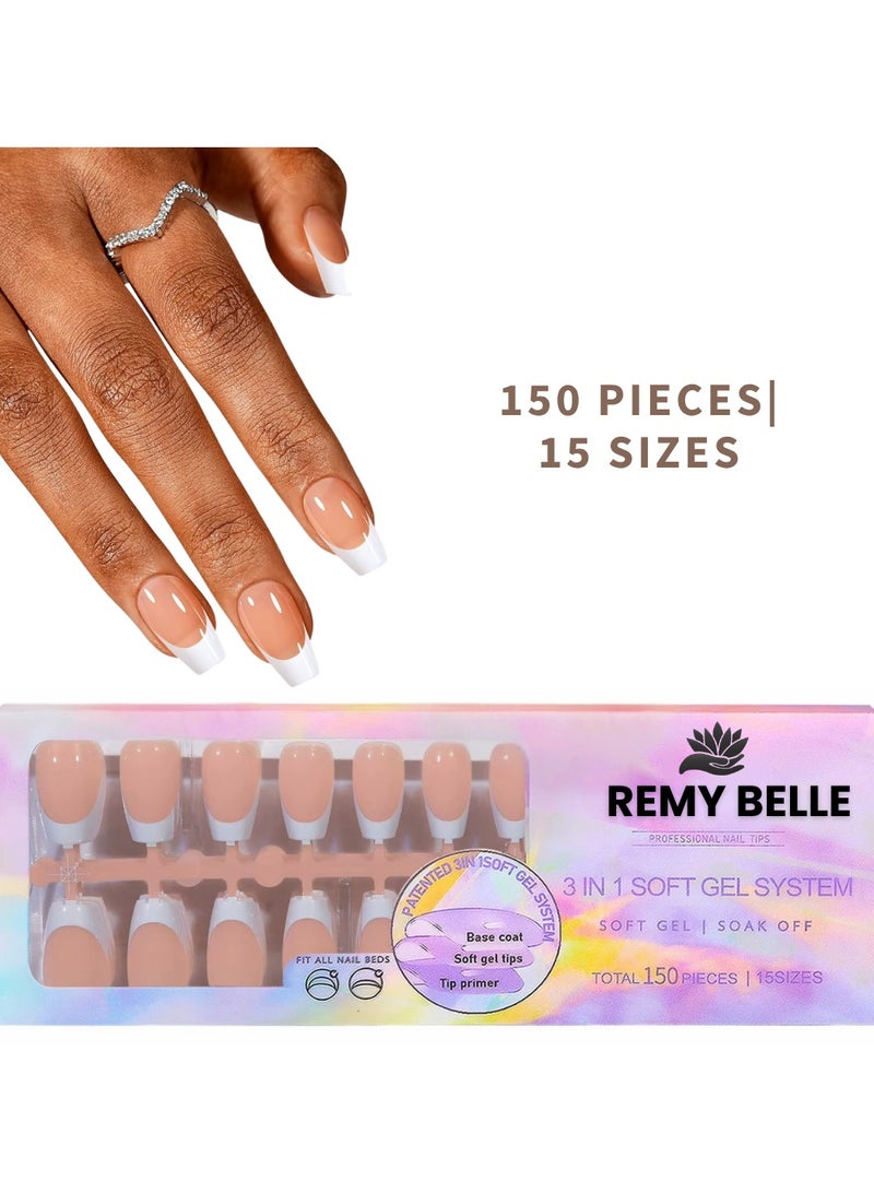ريمي بيلا أظافر فرنش جل - أظافر فرنش جاهزة بالضغط بشكل كوفين مع برايمر وطبقة أساس مُسبقة 150 قطعة - Image 1