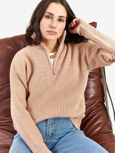 Bianco Lucci LUCCI Oversized Textured Knit Sweater with Zipper Collar