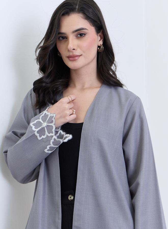 Amirah Grey Embroidered Sleeve Open Abaya - Image 3