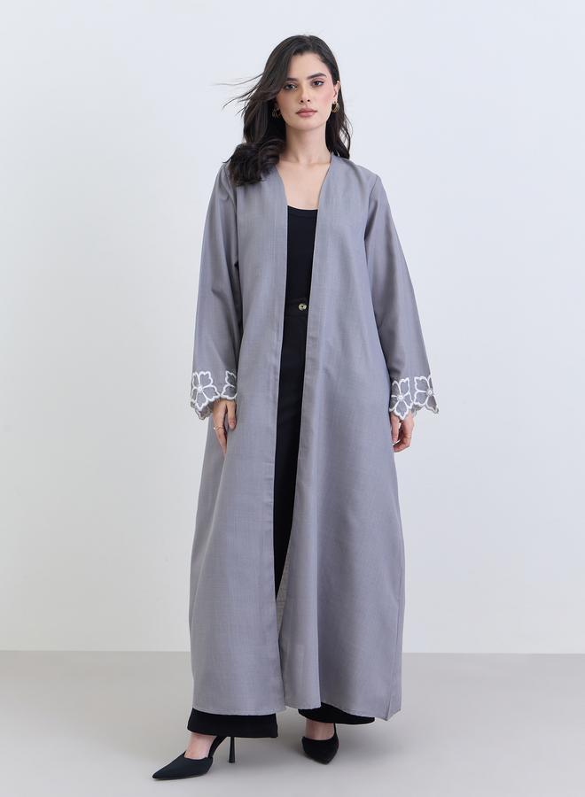 Amirah Grey Embroidered Sleeve Open Abaya - Image 1