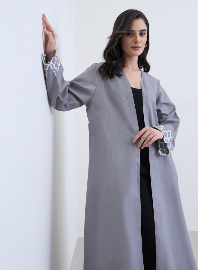 Amirah Grey Embroidered Sleeve Open Abaya - Image 2