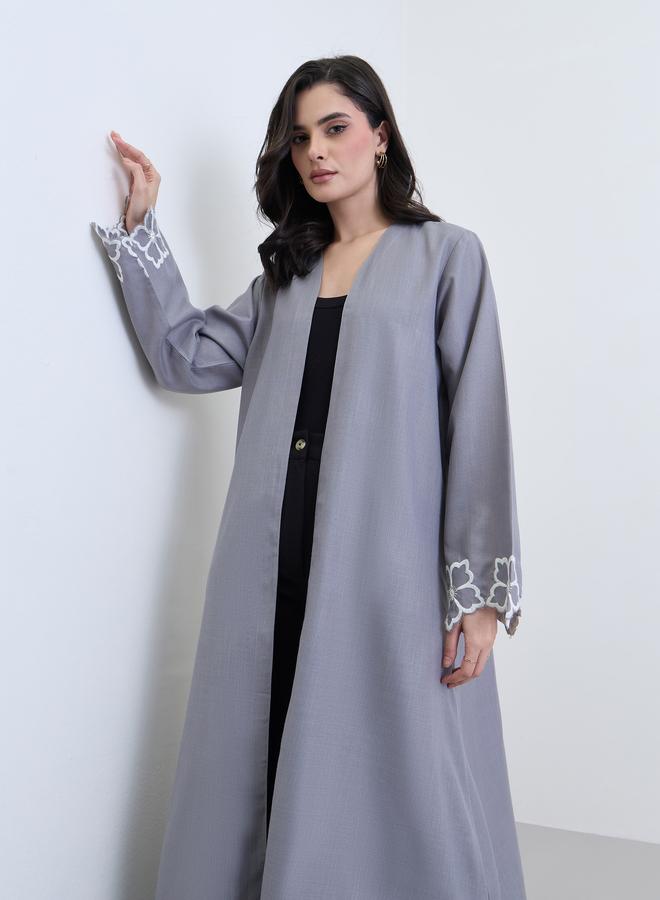 Amirah Grey Embroidered Sleeve Open Abaya - Image 5
