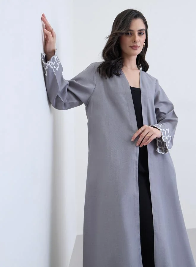 Amirah Grey Embroidered Sleeve Open Abaya