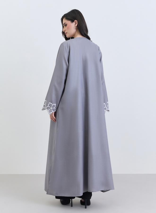 Amirah Grey Embroidered Sleeve Open Abaya - Image 4