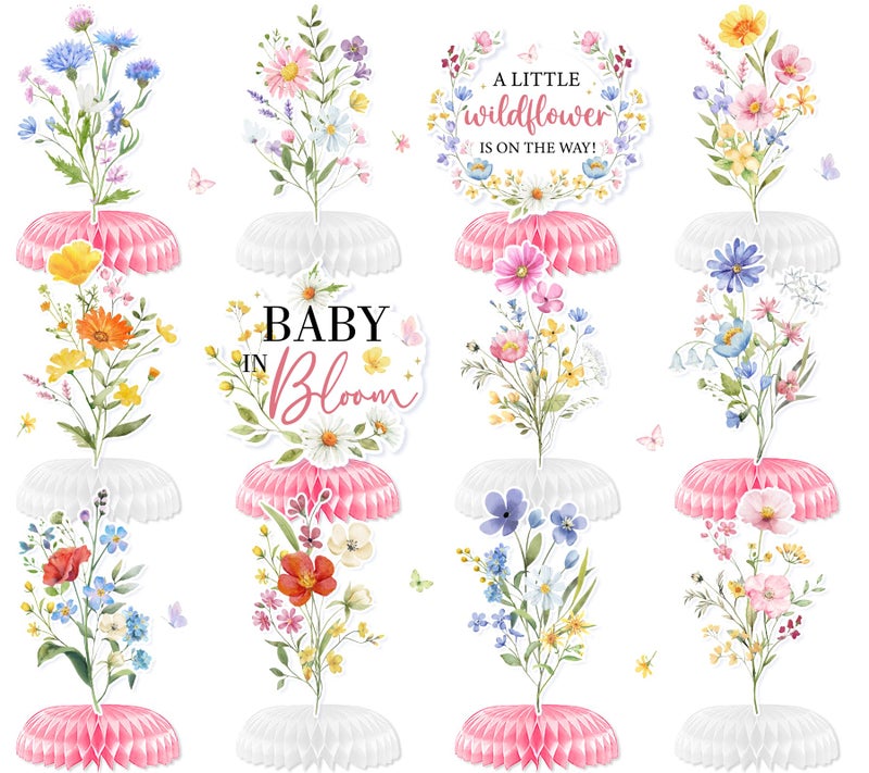 YTGUVBK Baby in Bloom Baby Shower Decorations Honeycomb Centerpiece, 12PCS Wildflower Baby Shower Honeycomb Centerpiece A Little Wildflower Is On The Way Paper Centerpiece for Spring Floral Table Decor - Image 1