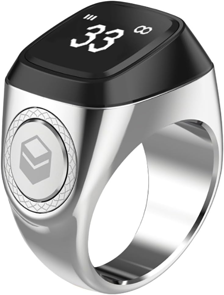 YU WELL iQIBLA Smart Tasbih Zikr Ring- Muslim Prayer- Prayer Timing Reminder OLED Display Tasbih Counter Smart Ring Wearable Technology Waterproof (22MM Metal, Bright Silver) - Image 1