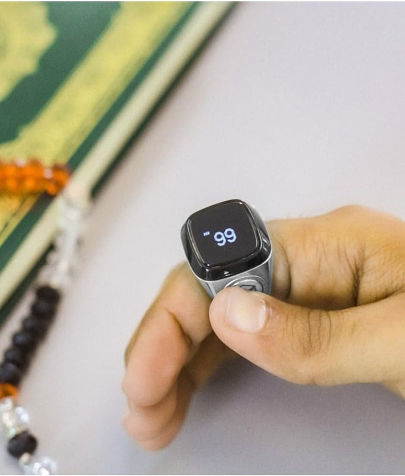 YU WELL iQIBLA Smart Tasbih Zikr Ring- Muslim Prayer- Prayer Timing Reminder OLED Display Tasbih Counter Smart Ring Wearable Technology Waterproof (22MM Metal, Bright Silver) - Image 4
