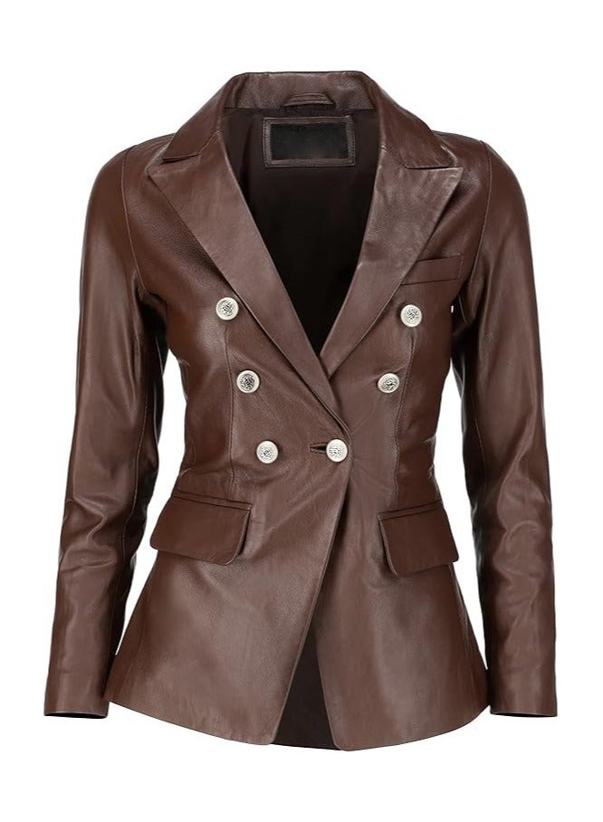 Women's Brown Leather Blazer with Luxe Silver Buttons and Single-Button Closure  - Image 1