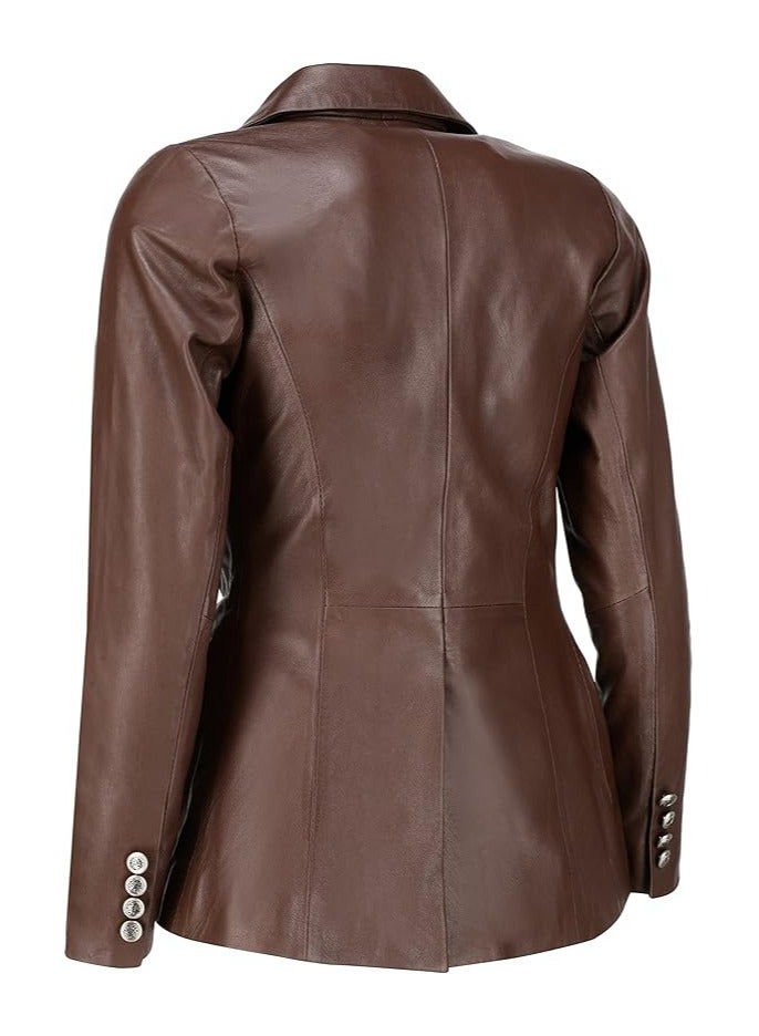Women's Brown Leather Blazer with Luxe Silver Buttons and Single-Button Closure  - Image 2