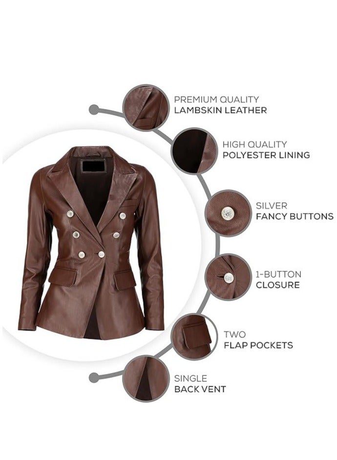 Women's Brown Leather Blazer with Luxe Silver Buttons and Single-Button Closure  - Image 3