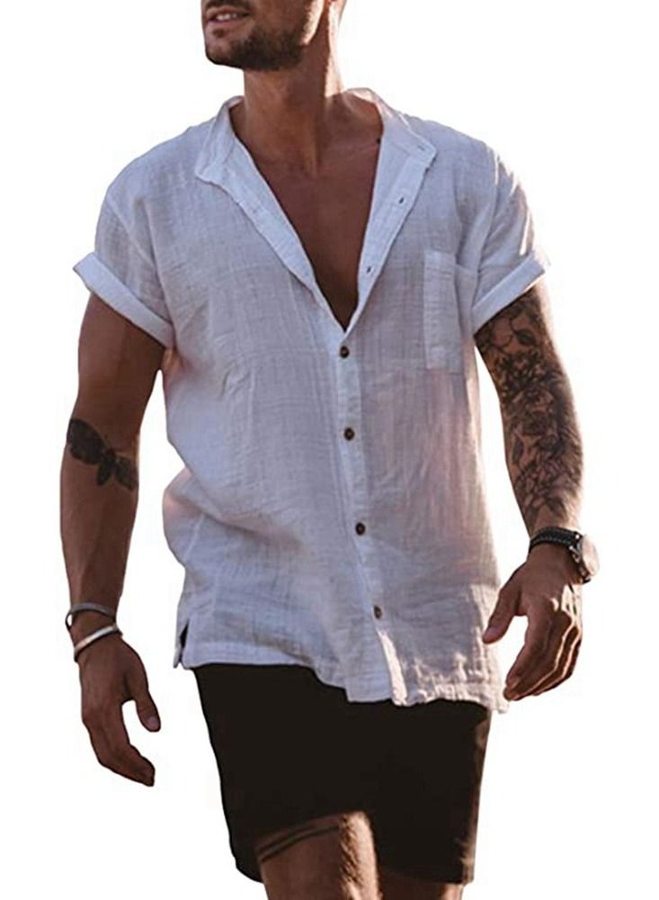 Summer Men's Cottonfabric Solid Color Loose Short Sleeve Simple Casual Shirt