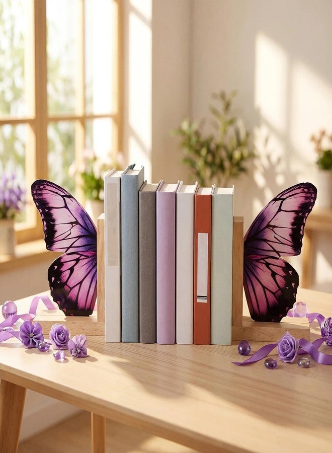 Tosstuki Decorative Butterfly Bookends Wooden Acrylic Butterflys Bookend Modern Bookshelf Decor Accent Book Stopper Decor for Home Farmhouse Shelves Office Lover Gift(Purple Butterfly) - Image 5