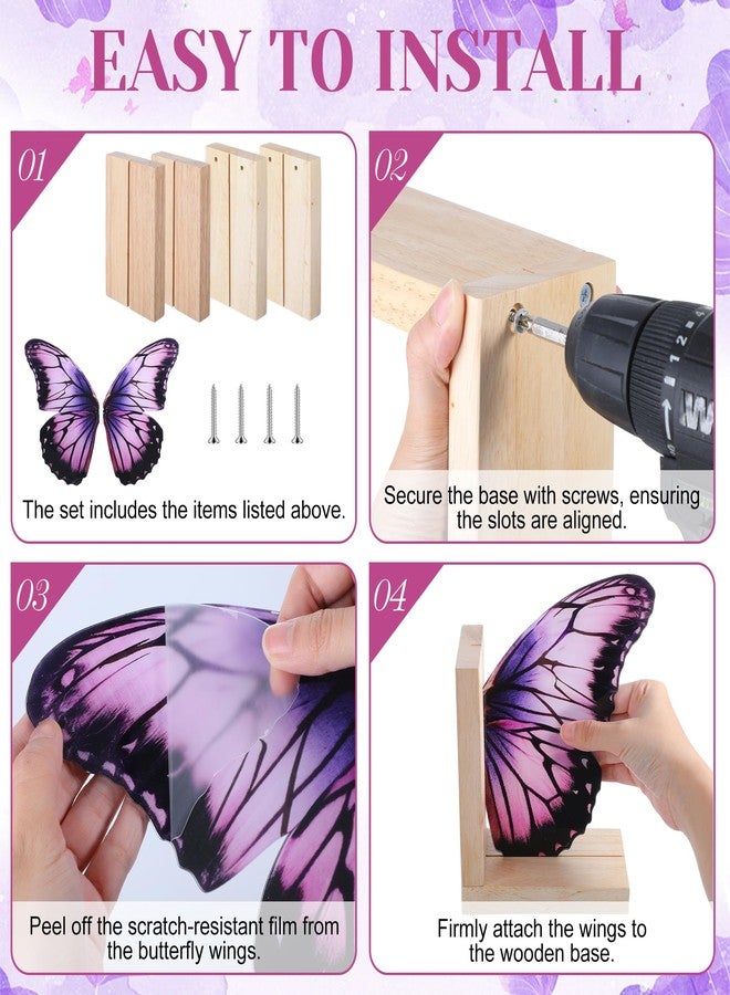 Tosstuki Decorative Butterfly Bookends Wooden Acrylic Butterflys Bookend Modern Bookshelf Decor Accent Book Stopper Decor for Home Farmhouse Shelves Office Lover Gift(Purple Butterfly) - Image 4