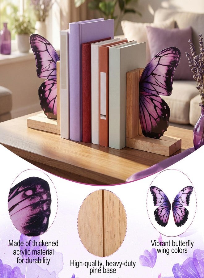 Tosstuki Decorative Butterfly Bookends Wooden Acrylic Butterflys Bookend Modern Bookshelf Decor Accent Book Stopper Decor for Home Farmhouse Shelves Office Lover Gift(Purple Butterfly) - Image 3