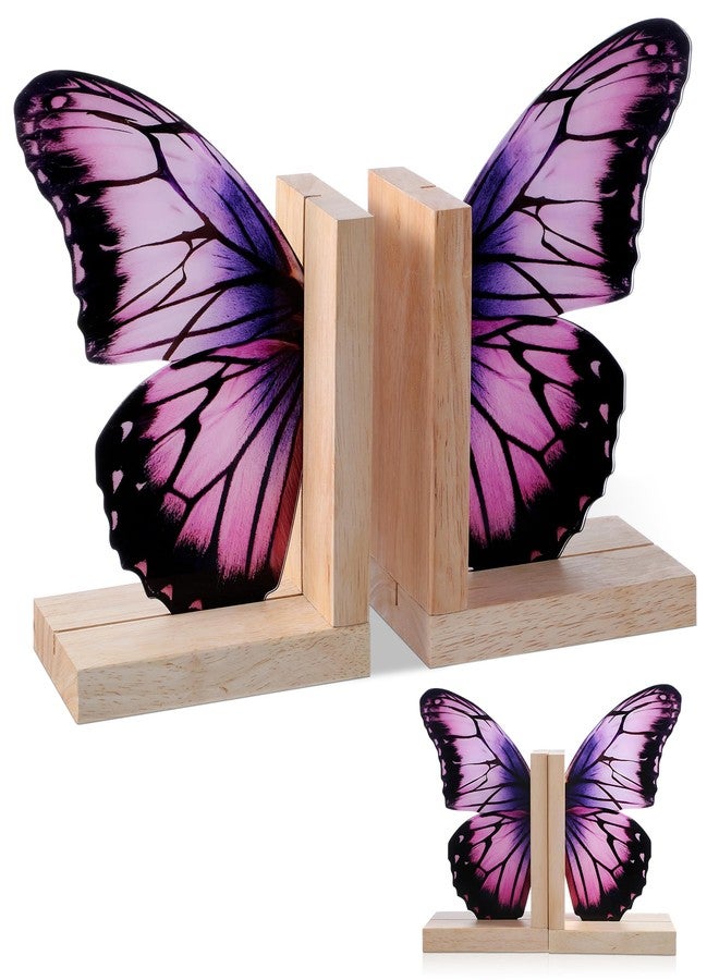Tosstuki Decorative Butterfly Bookends Wooden Acrylic Butterflys Bookend Modern Bookshelf Decor Accent Book Stopper Decor for Home Farmhouse Shelves Office Lover Gift(Purple Butterfly) - Image 1