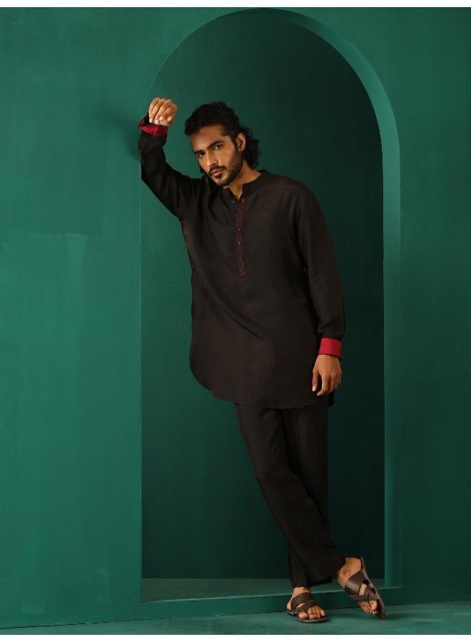 ترو برونز Men's Black Silk Co-ord Set Stitch Detail  - Image 3