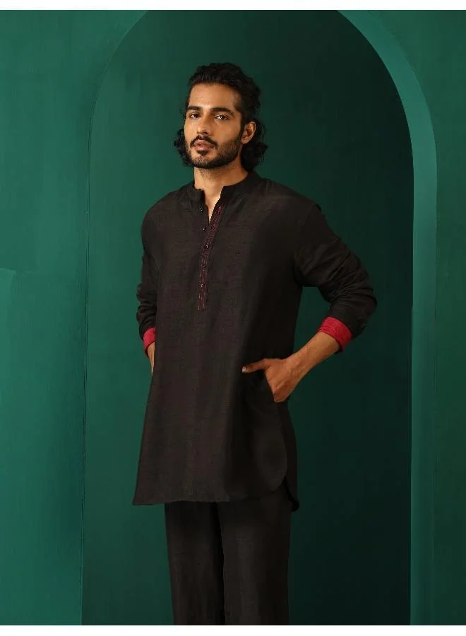 trueBrowns Men's Black Silk Co-ord Set Stitch Detail