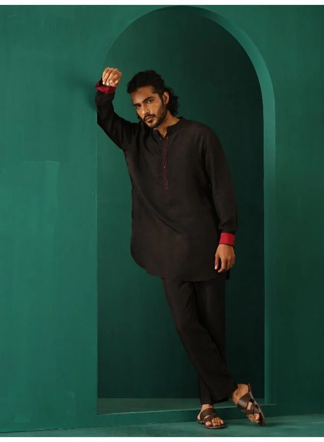 trueBrowns Men's Black Silk Co-ord Set Stitch Detail