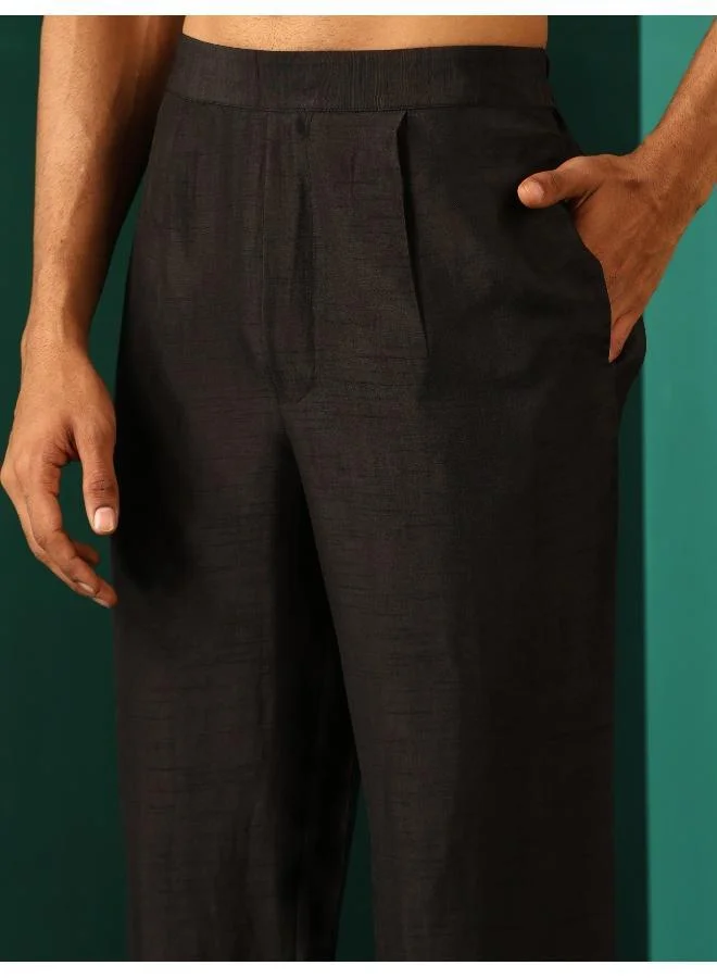 trueBrowns Men's Black Silk Co-ord Set Stitch Detail