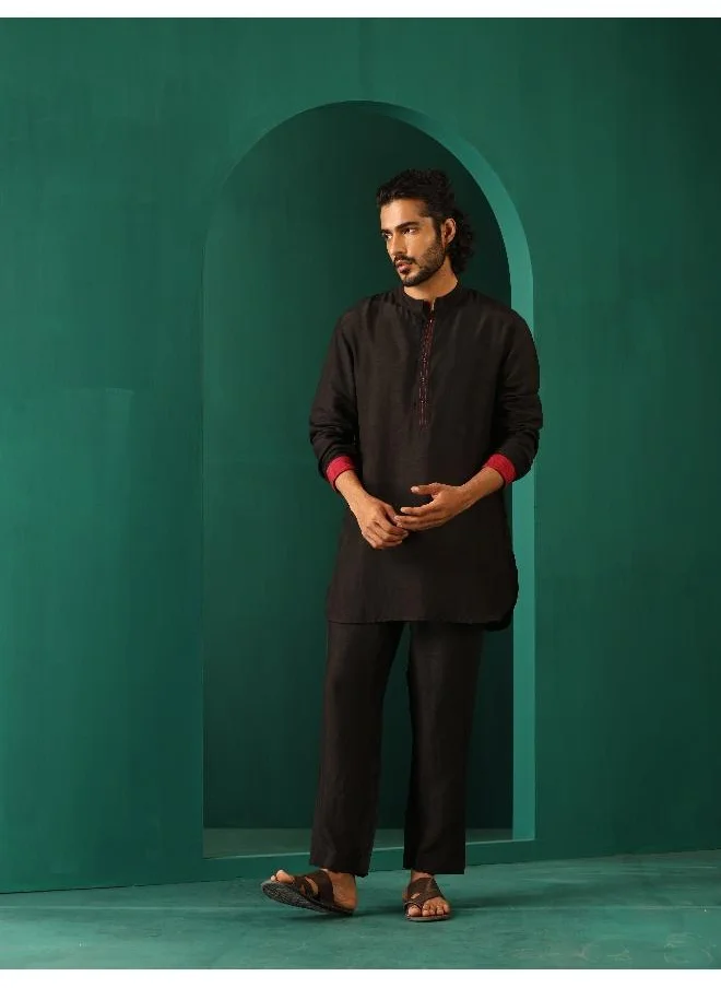 ترو برونز Men's Black Silk Co-ord Set Stitch Detail