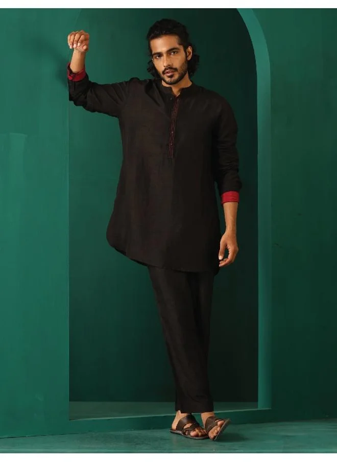 ترو برونز Men's Black Silk Co-ord Set Stitch Detail