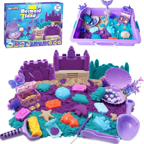 BEIREG Mermaid Sensory Bin Kit 60Pcs Sensory Sand Set with 2lbs PurpleTealBeach 17 Sea Castle Marine Molds 12 Tools Treasure Chest Ocean Sandbox Mermaid Toys Gifts for Girls Ages 38 - Image 1