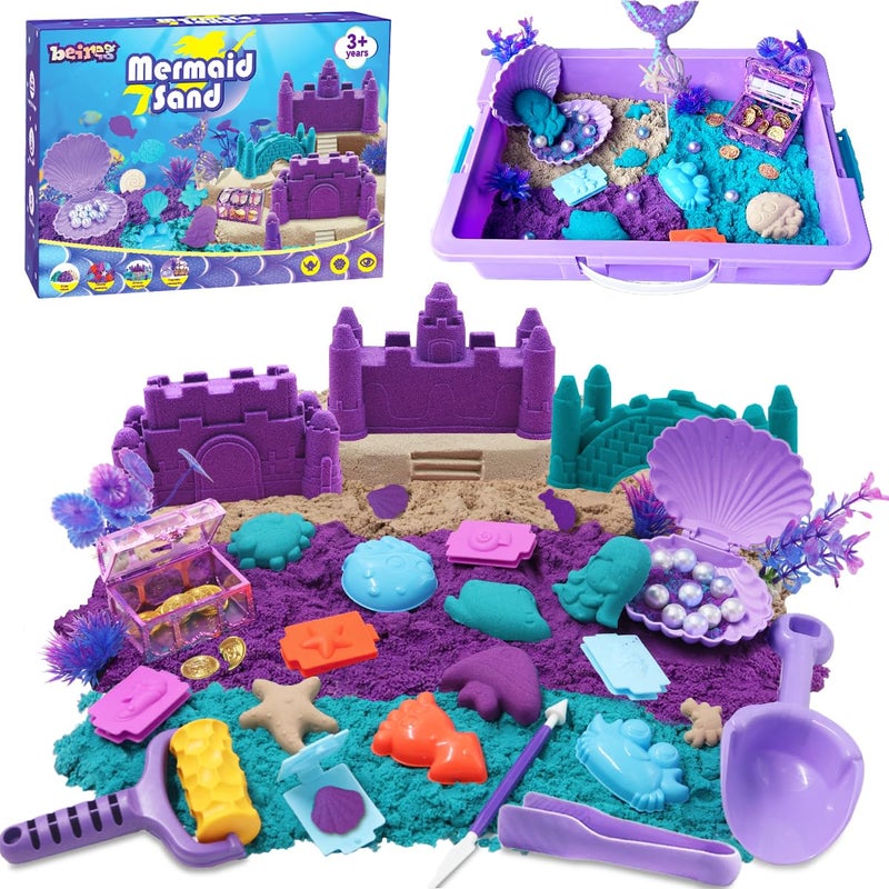 BEIREG Mermaid Sensory Bin Kit 60Pcs Sensory Sand Set with 2lbs PurpleTealBeach 17 Sea Castle Marine Molds 12 Tools Treasure Chest Ocean Sandbox Mermaid Toys Gifts for Girls Ages 38 - Image 2