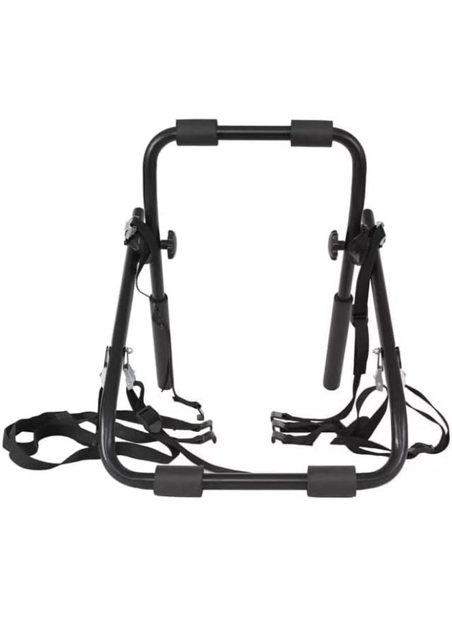 Foldable car bike rack for carrying two bikes with strap fasteners and car protection pads - Image 1